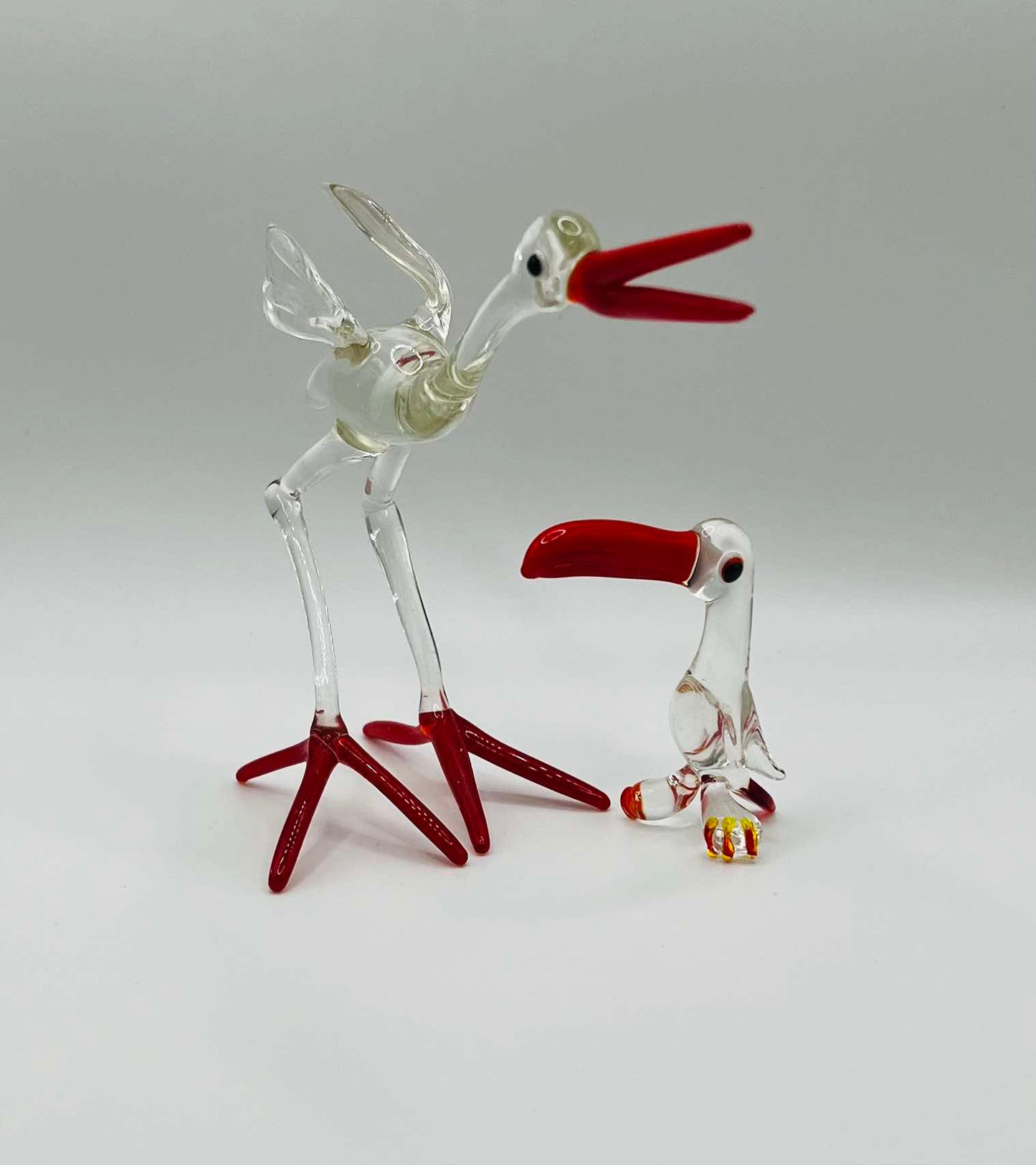 Vintage Two Hand-Blown Glass Birds in the shape of Pelican Stork Flamingo Osterich