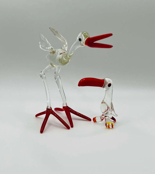 Vintage Two Hand-Blown Glass Birds in the shape of Pelican Stork Flamingo Osterich