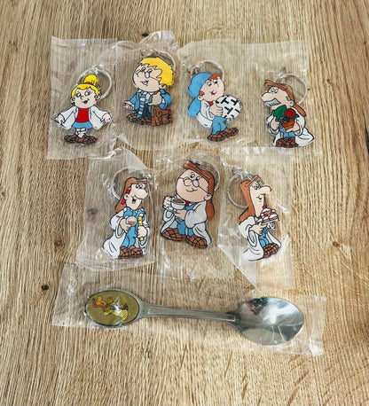 Tetley Tea Complete Set of 7 Keyrings and 1 Teaspoon in Original Wrapping