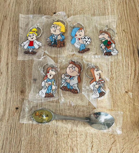 Tetley Tea Complete Set of 7 Keyrings and 1 Teaspoon in Original Wrapping